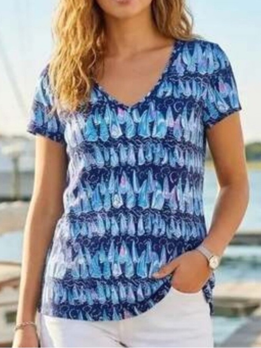 Lilly Pulitzer Women L Low Tide Navy Sails And Stripes Etta V-Neck Top NWT